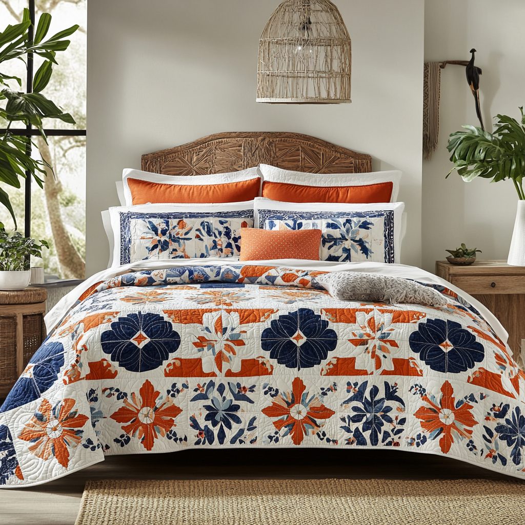 Rustic Floral Harmony quilted 3-piece bedding set on a made bed in a farmhouse bedroom