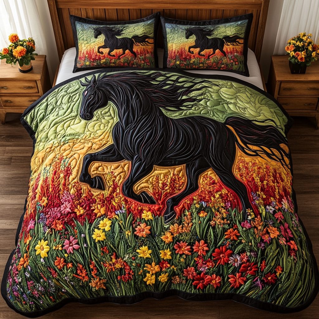 Rustic Freedom quilted 3-piece bedding set on a made bed in a warmly lit bedroom