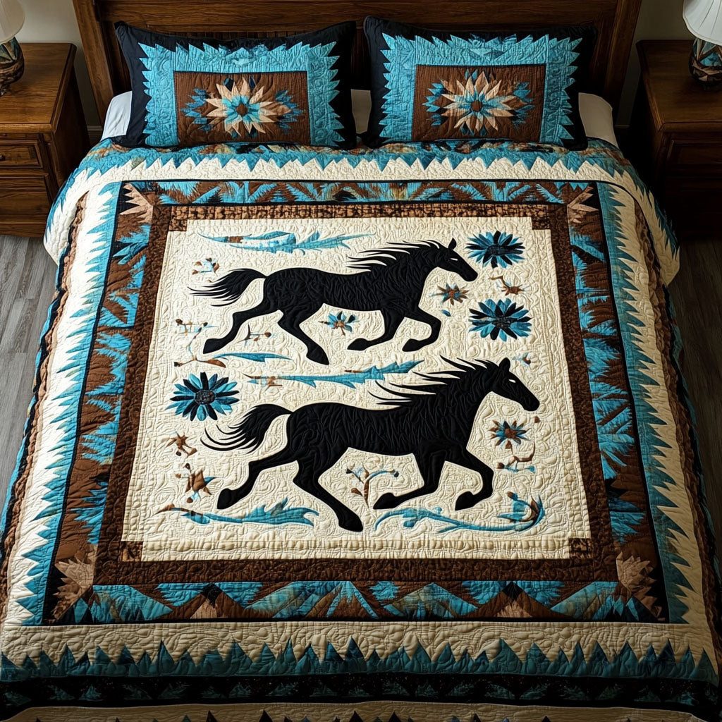 Rustic Frontier quilted 3-piece bedding set on a made bed in a rustic timber bedroom