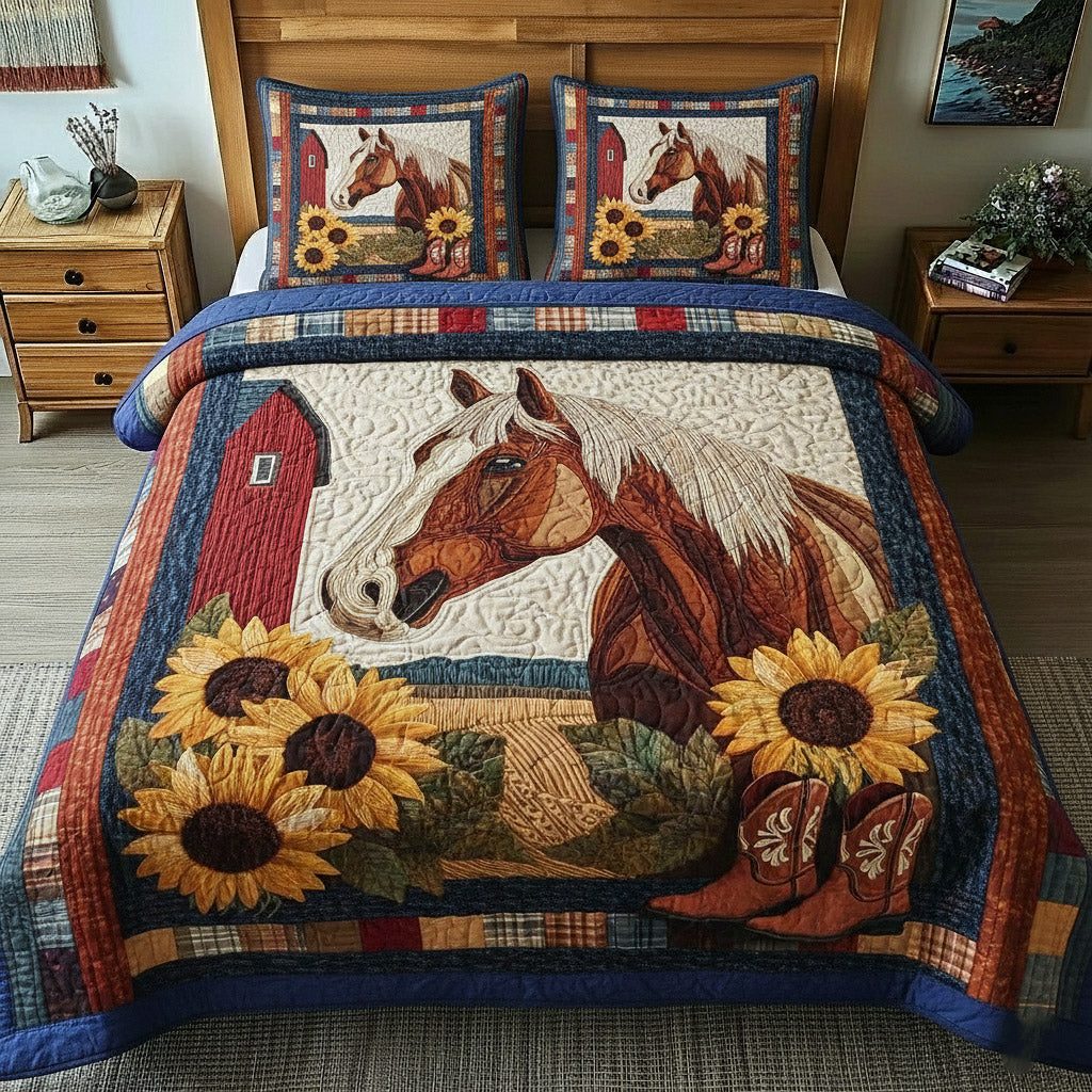 Rustic Gallop quilted 3-piece bedding set on a made bed in a farmhouse bedroom