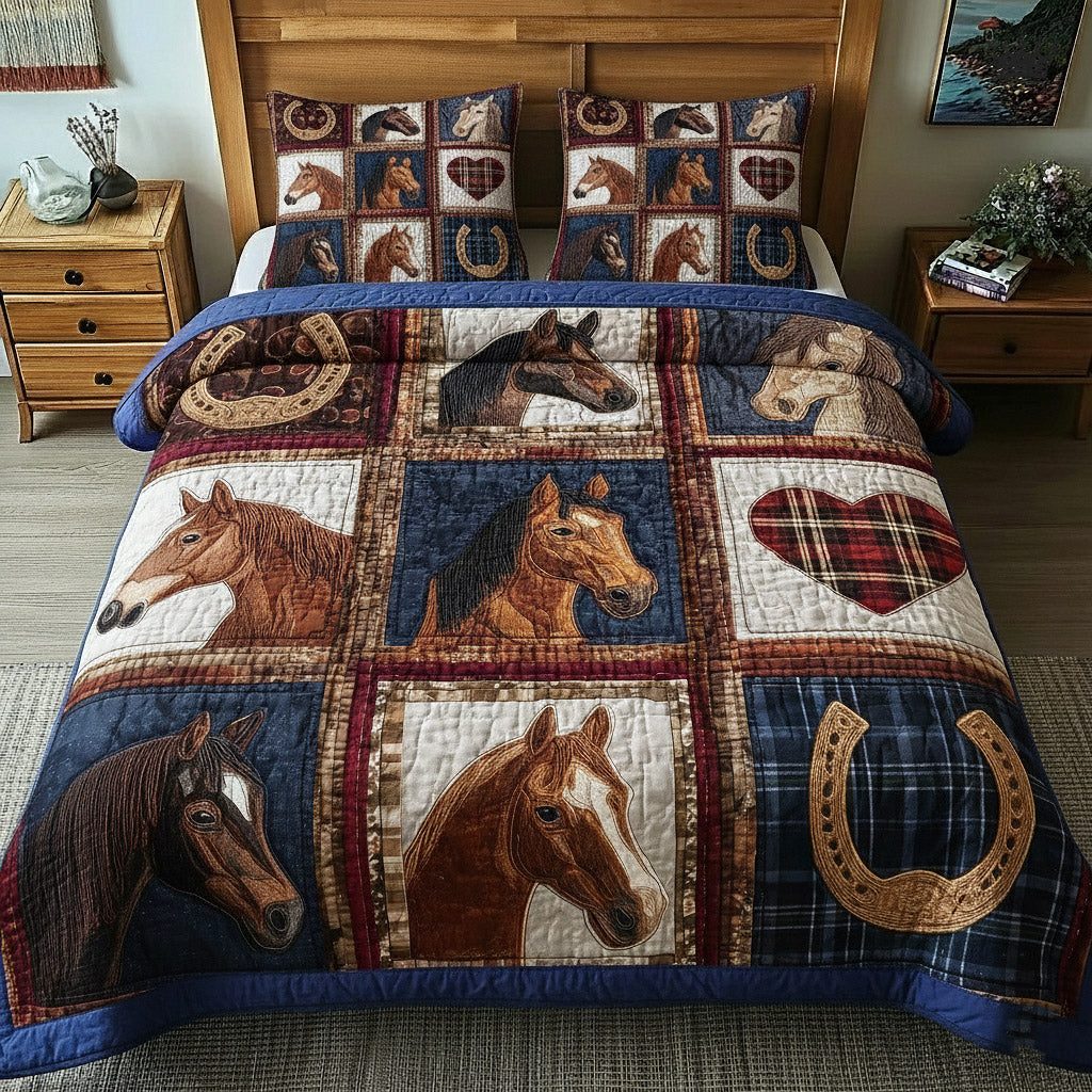 Rustic Gallop quilted 3-piece bedding set on a made bed in a farmhouse bedroom