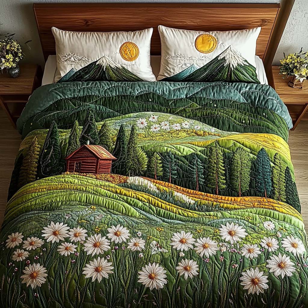Rustic Glow quilted 3-piece bedding set on a made bed in a farmhouse bedroom