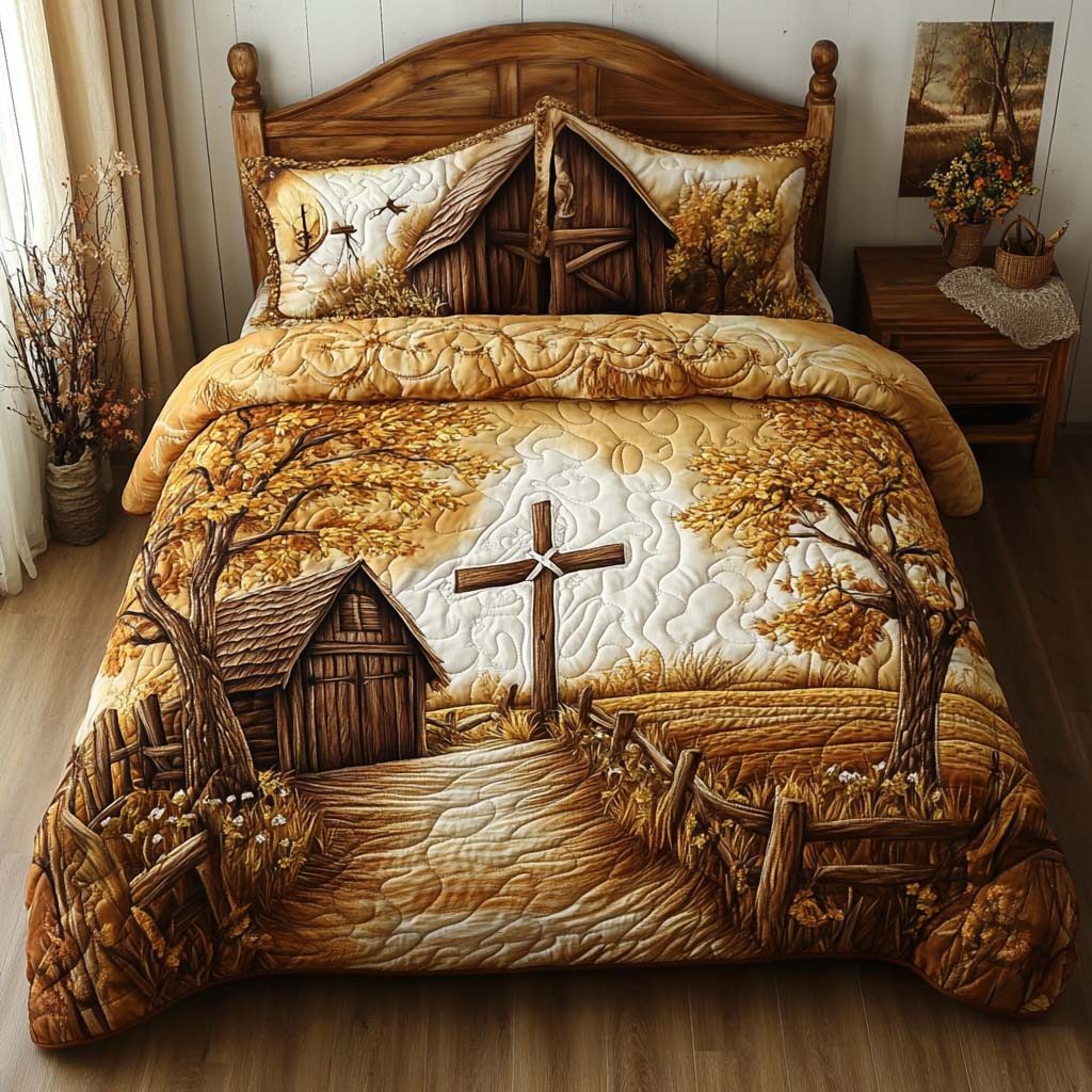 Rustic Grace quilted 3-piece bedding set on a made bed in a farmhouse bedroom