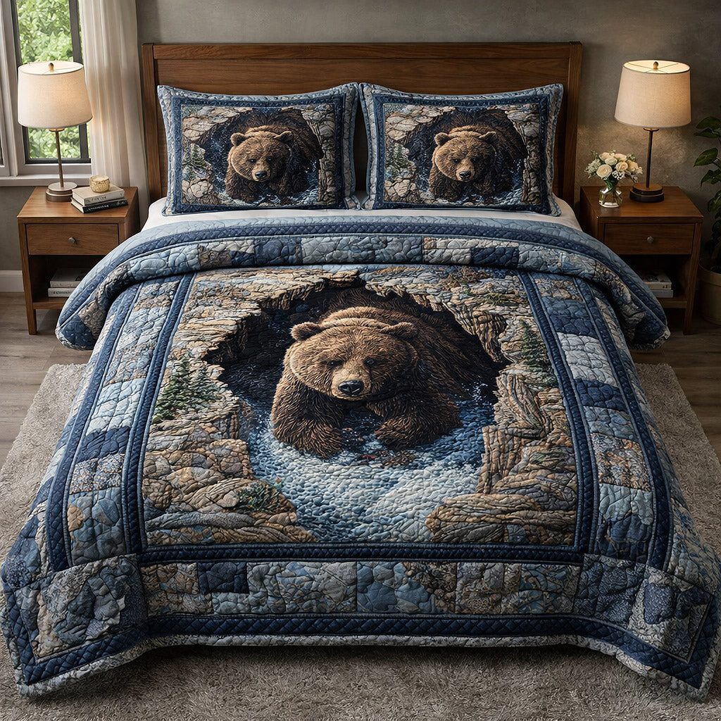 Rustic Guardian quilted 3-piece bedding set on a made bed in a farmhouse bedroom