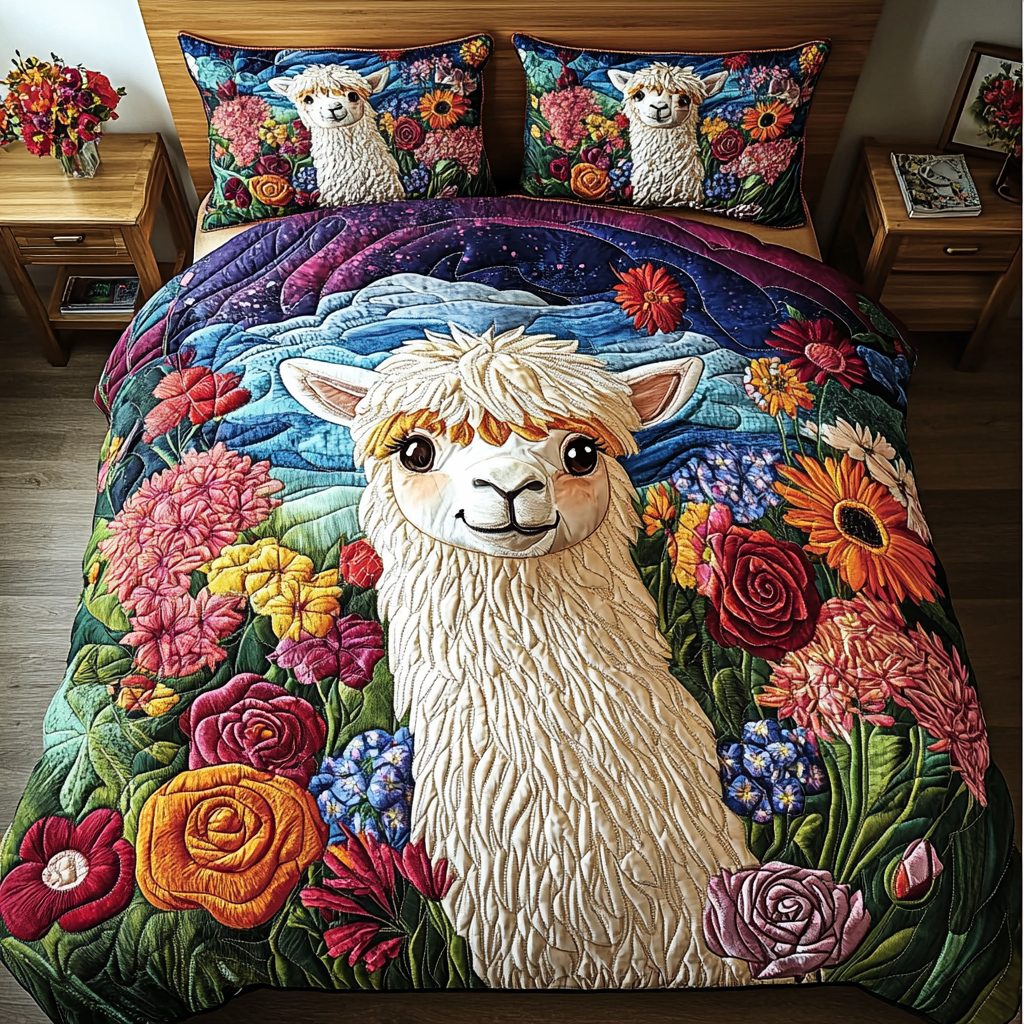 Rustic Harmony quilted 3-piece bedding set on a made bed in a farmhouse bedroom