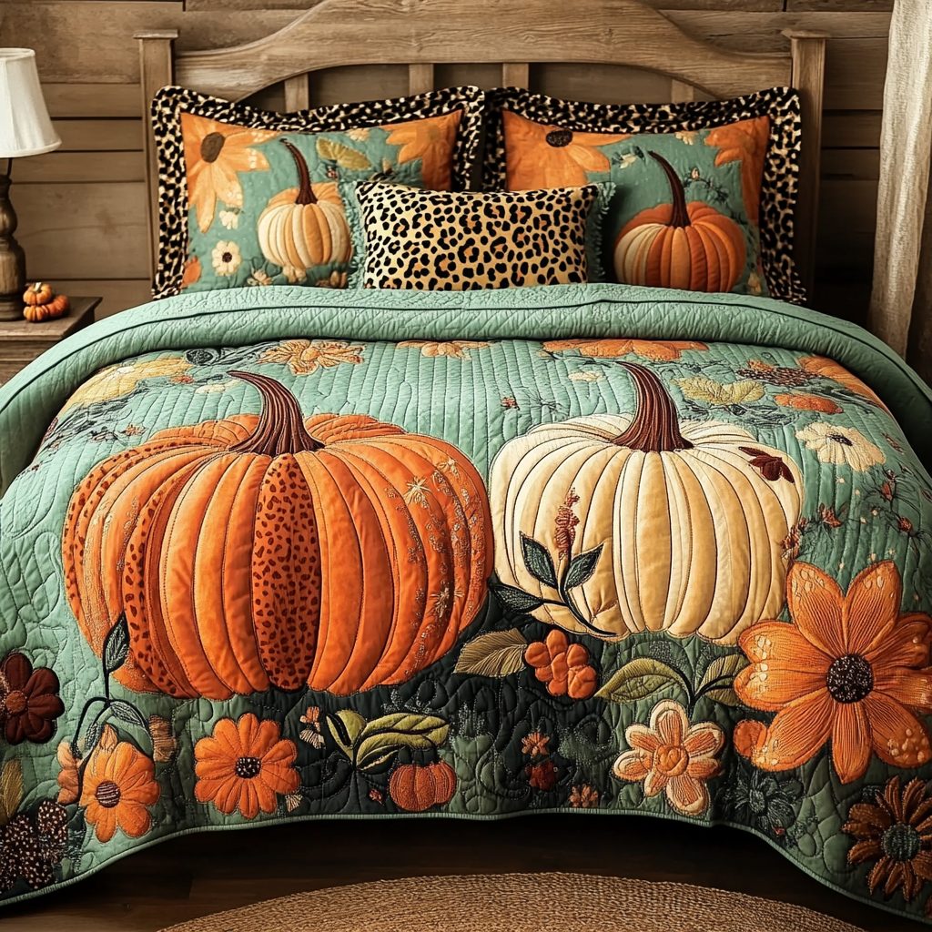 Rustic Harvest quilted 3-piece bedding set on a made bed in a farmhouse bedroom