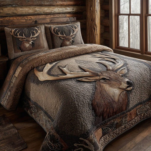 Rustic Haven Deer quilted 3-piece bedding set on a made bed in a farmhouse bedroom