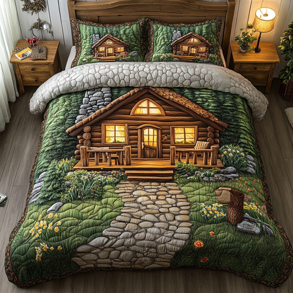 Rustic Haven quilted 3-piece bedding set on a made bed in a farmhouse bedroom
