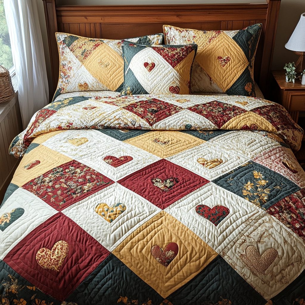 Rustic Heartbeat quilted 3-piece bedding set on a made bed in a farmhouse bedroom