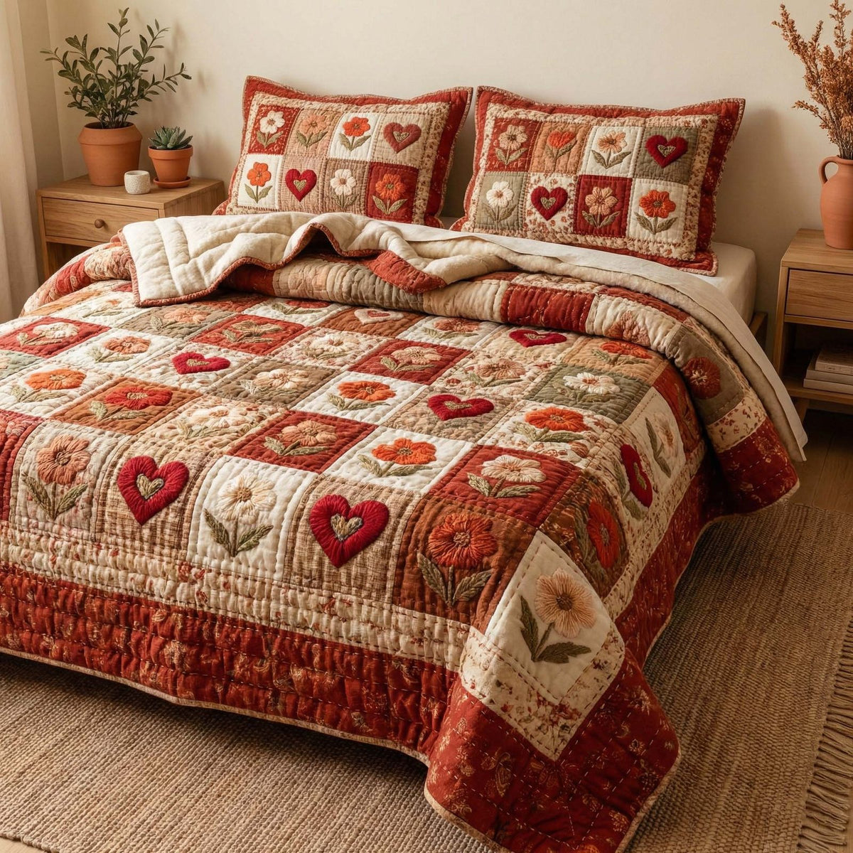 Rustic Hearts quilted 3-piece bedding set on a made bed in a farmhouse bedroom