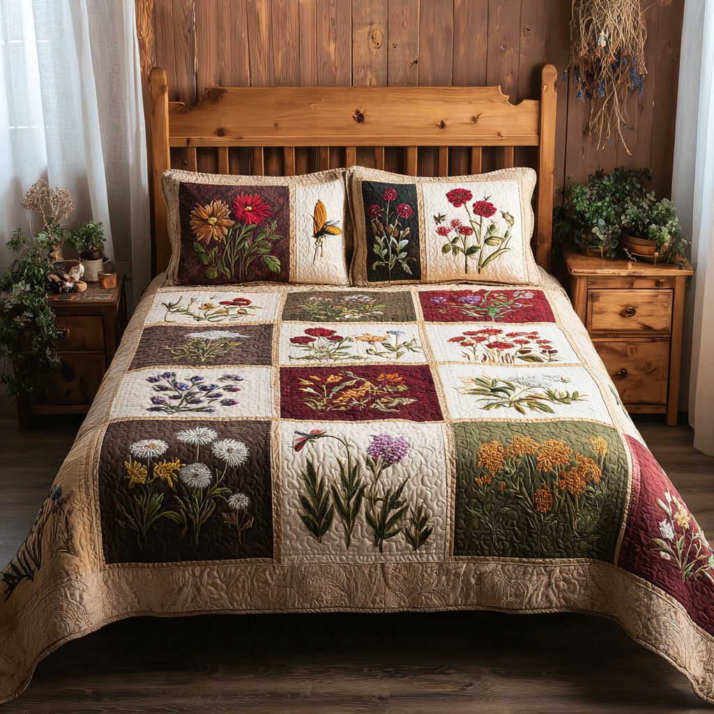 Rustic Herbarium quilted 3-piece bedding set on a made bed in a farmhouse bedroom