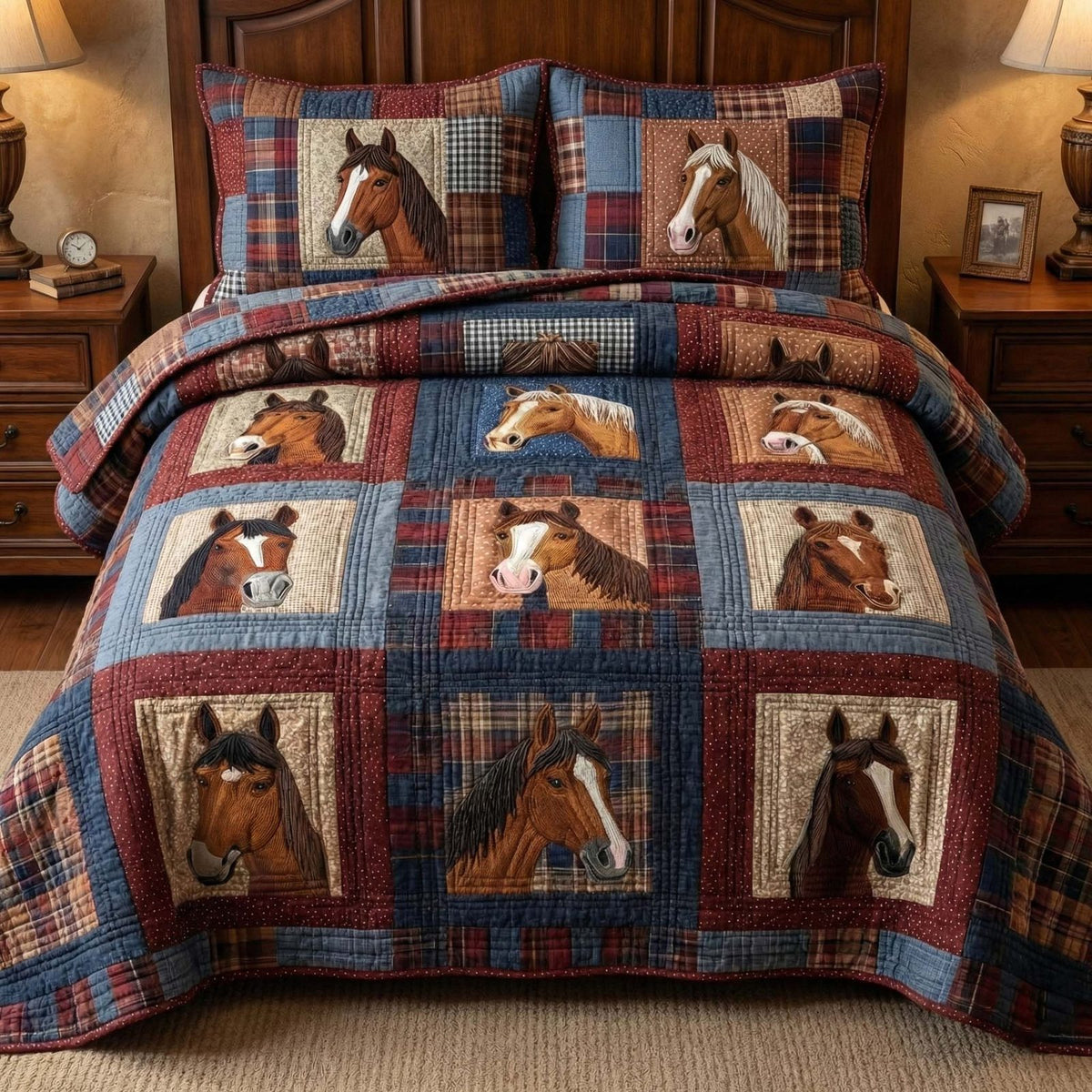 Rustic Herd quilted 3-piece bedding set on a made bed in a farmhouse bedroom