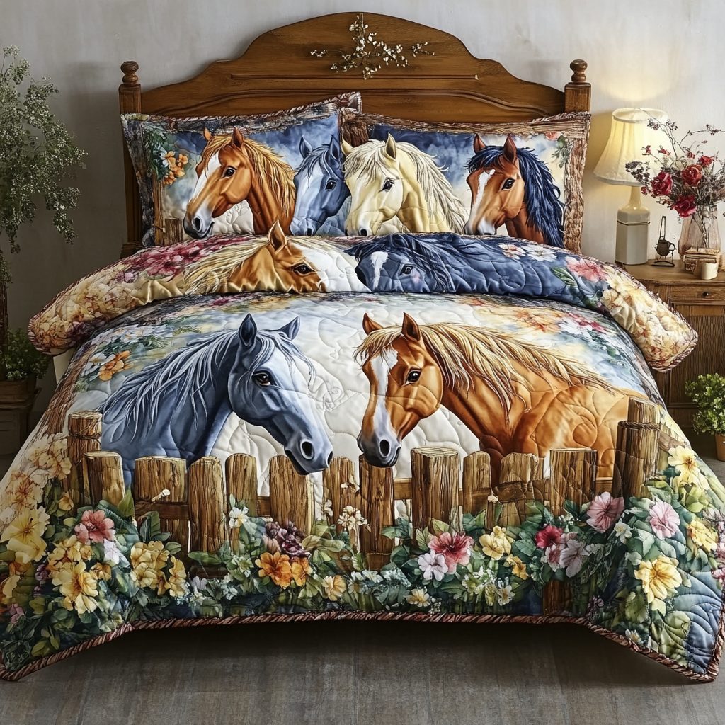 Rustic Herd quilted 3-piece bedding set on a made bed in a farmhouse bedroom