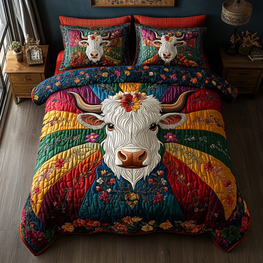 Rustic Highland Charm quilted 3-piece bedding set on a made bed in a farmhouse bedroom