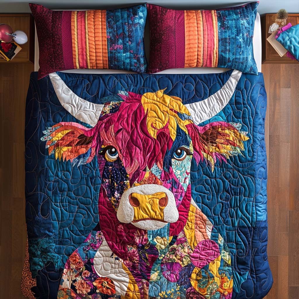 Rustic Highland Pride quilted 3-piece bedding set on a made bed in a farmhouse bedroom