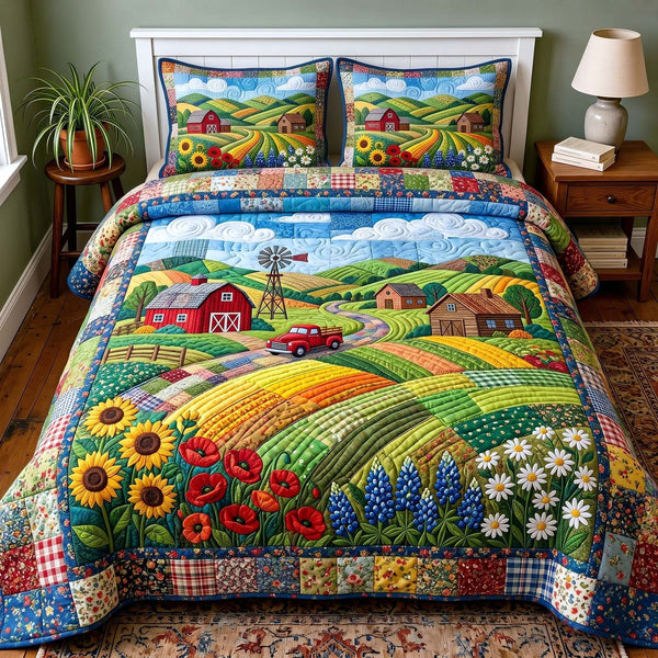 Rustic Homestead quilted 3-piece bedding set on a made bed in a rustic timber bedroom