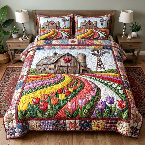 Rustic Homestead quilted 3-piece bedding set on a made bed in a rustic timber bedroom