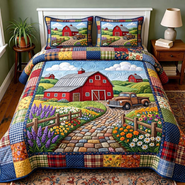 Rustic Homestead quilted 3-piece bedding set on a made bed in a rustic timber bedroom