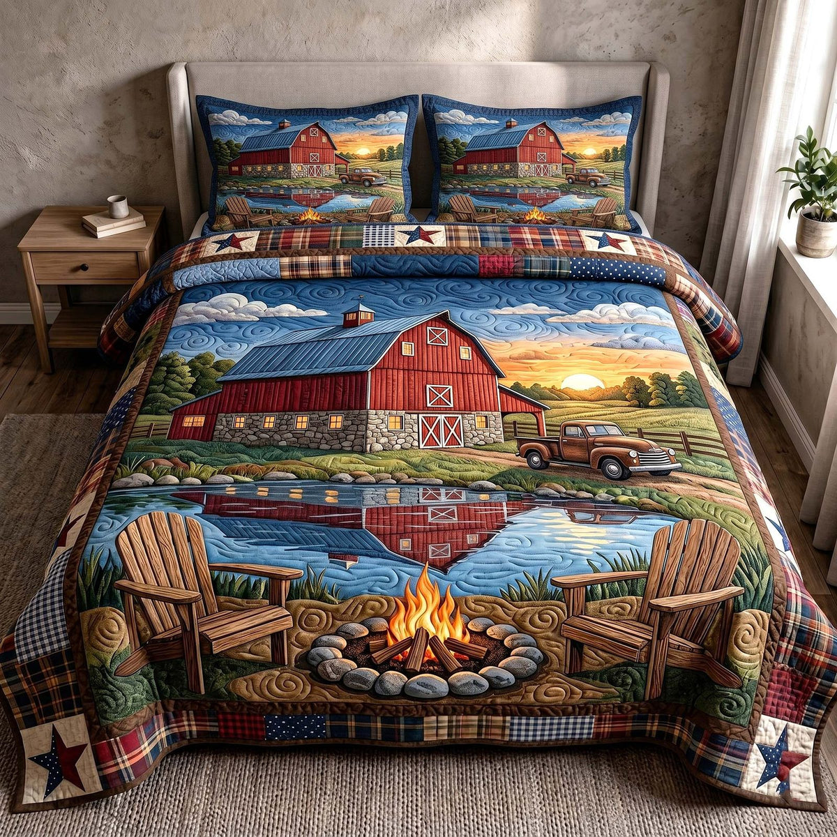 Rustic Homestead quilted 3-piece bedding set on a made bed in a rustic timber bedroom