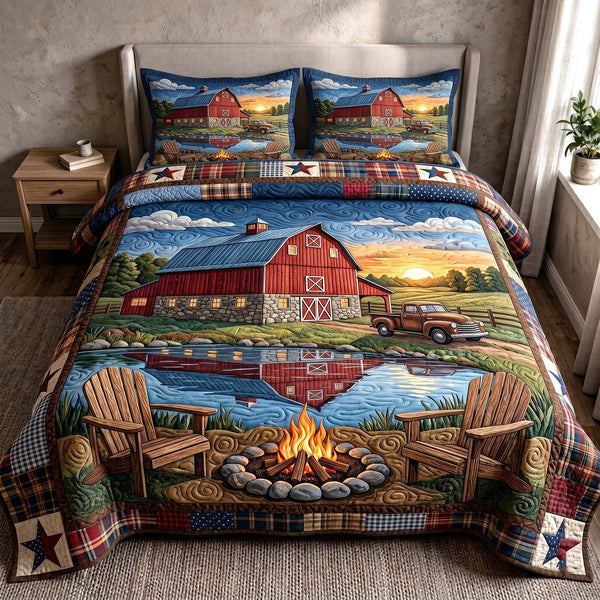 Rustic Homestead quilted 3-piece bedding set on a made bed in a rustic timber bedroom