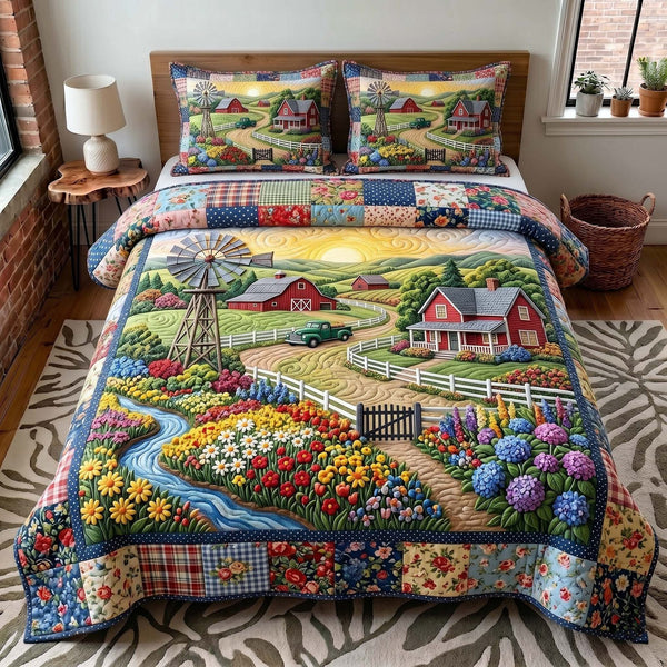 Rustic Homestead quilted 3-piece bedding set on a made bed in a rustic timber bedroom