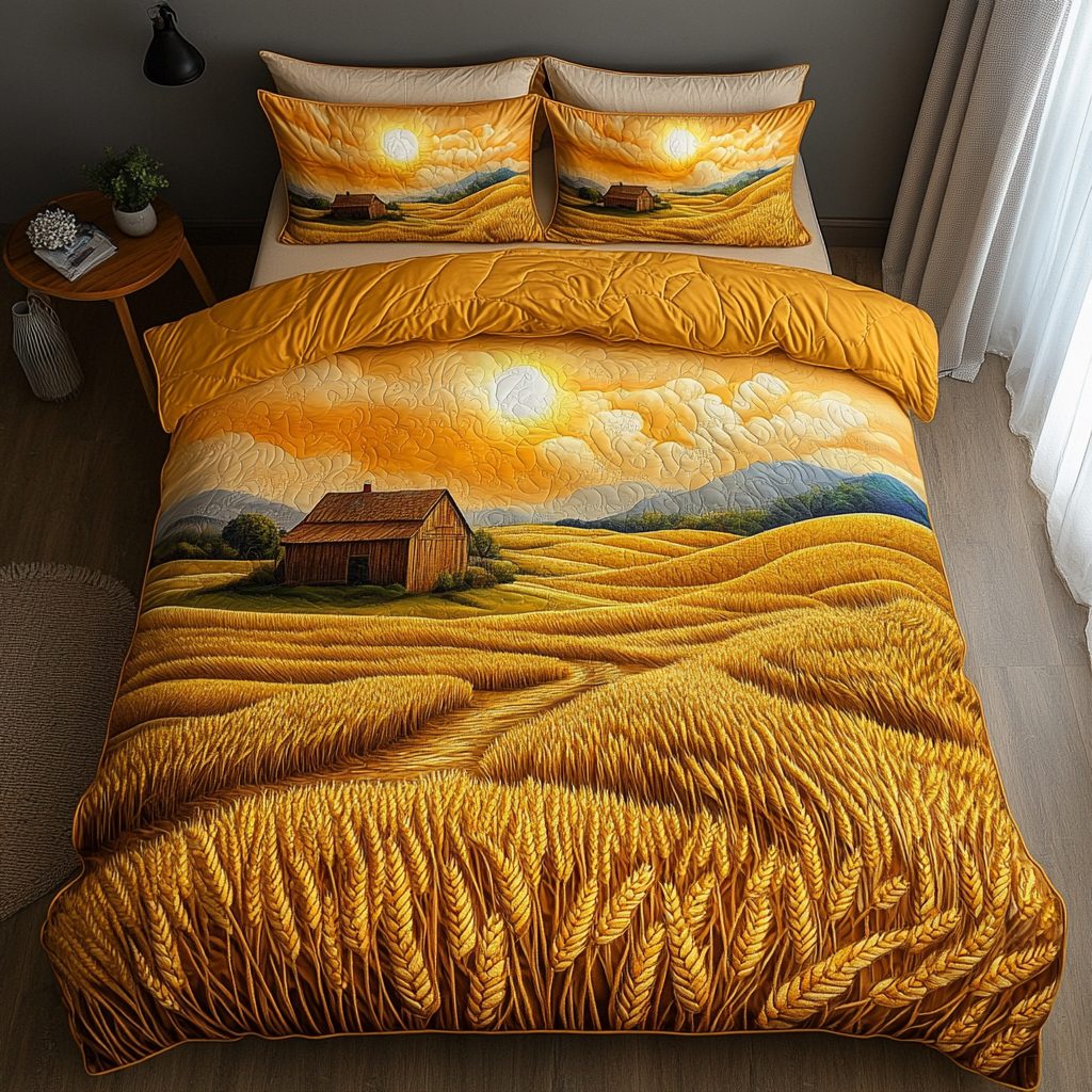 Rustic Horizon quilted 3-piece bedding set on a made bed in a farmhouse bedroom