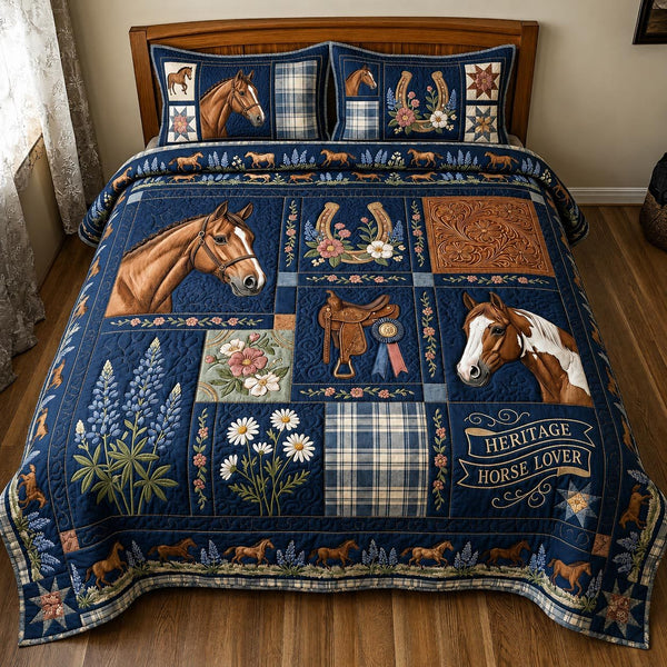 Rustic Horse quilted 3-piece bedding set on a made bed in a rustic timber bedroom