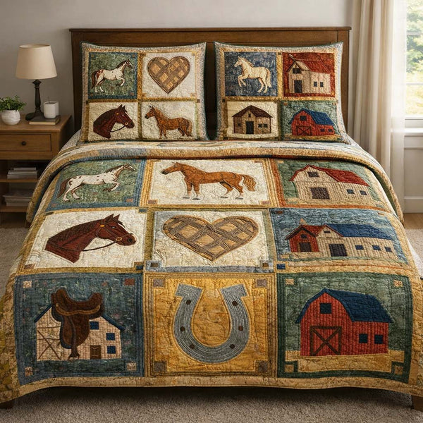 Rustic Horse quilted 3-piece bedding set on a made bed in a rustic timber bedroom