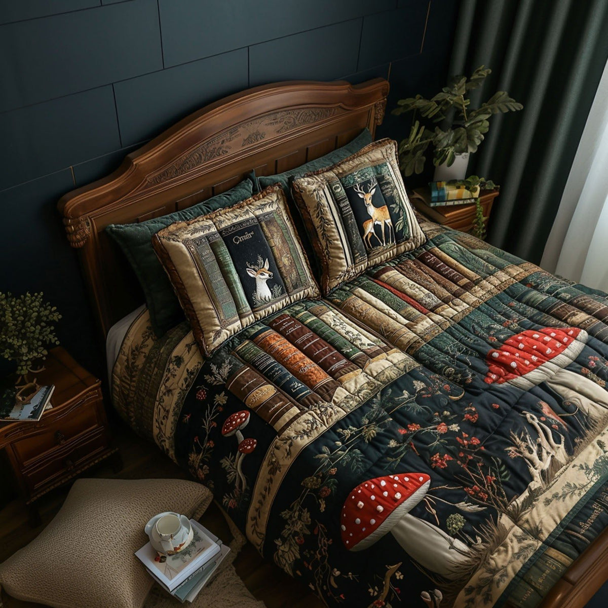 Rustic Library Retreat quilted 3-piece bedding set on a made bed in a farmhouse bedroom