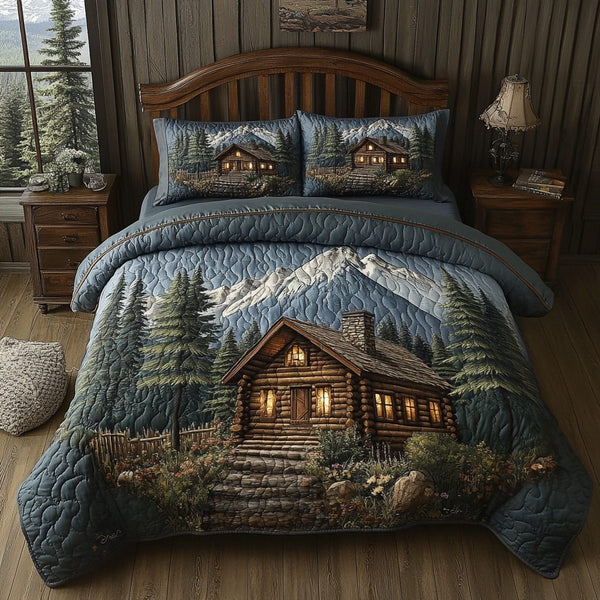 Rustic Log Cabin quilted 3-piece bedding set on a made bed in a farmhouse bedroom