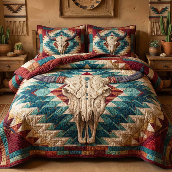 Rustic Longhorn quilted 3-piece bedding set on a made bed in a rustic timber bedroom