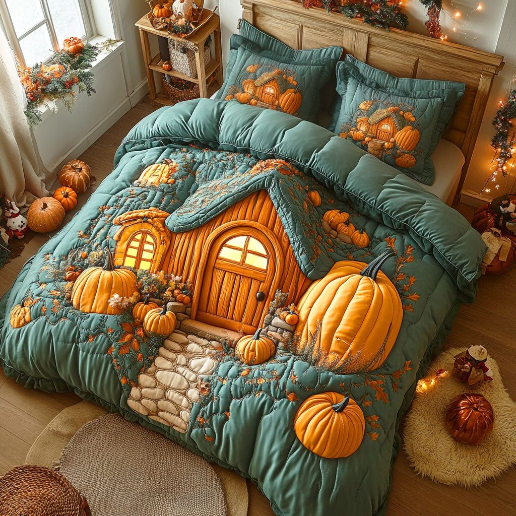 Rustic Maple quilted 3-piece bedding set on a made bed in a farmhouse bedroom