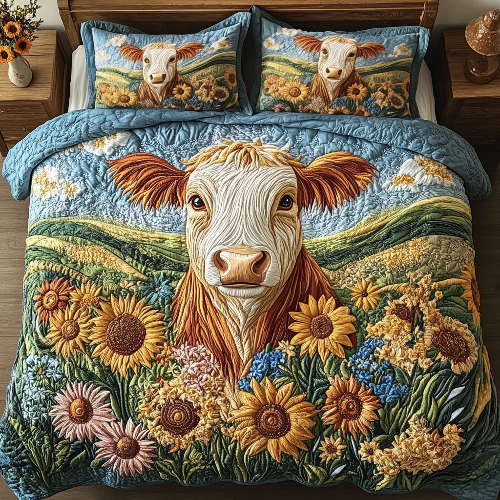 Rustic Moo quilted 3-piece bedding set on a made bed in a farmhouse bedroom