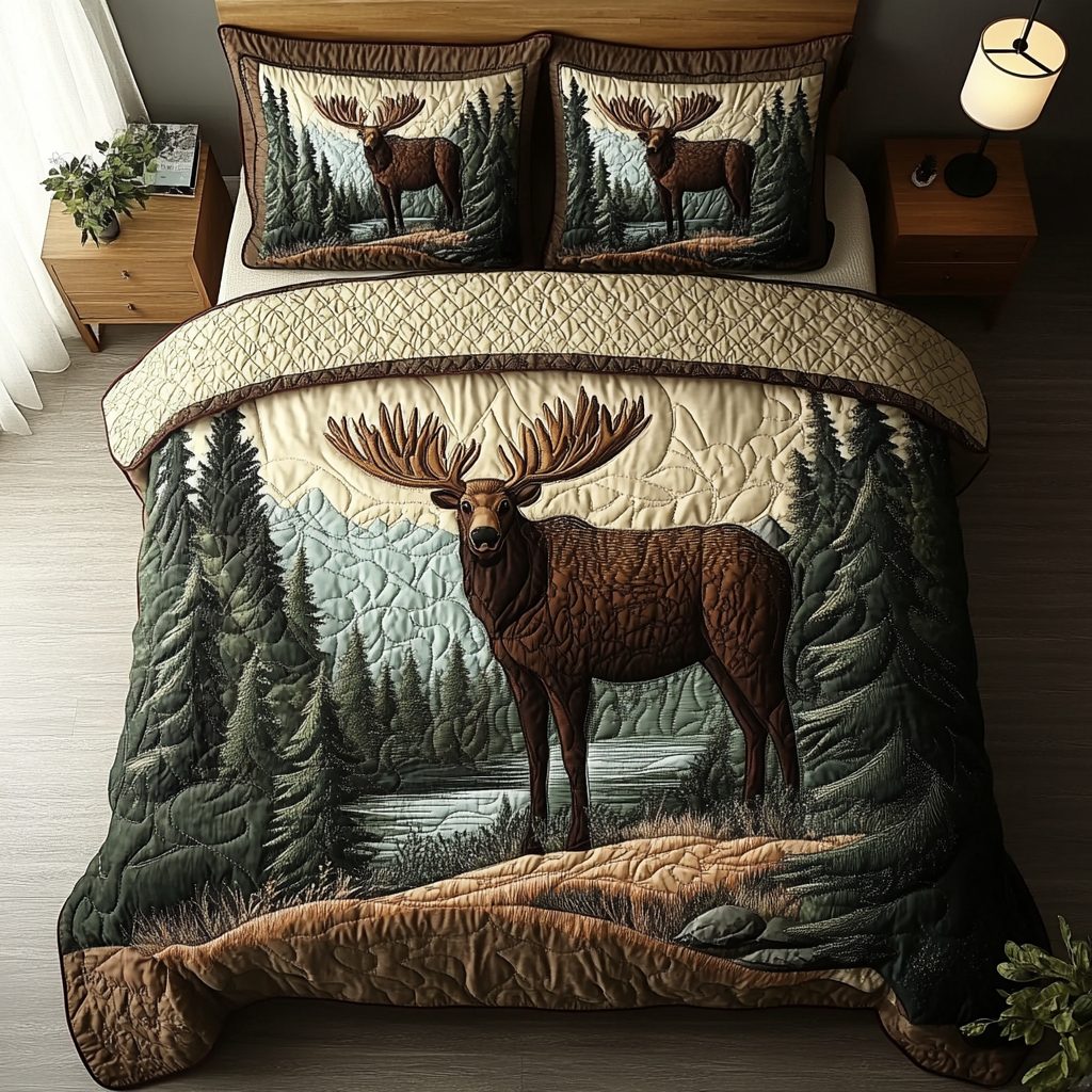 Rustic Moose quilted 3-piece bedding set on a made bed in a farmhouse bedroom