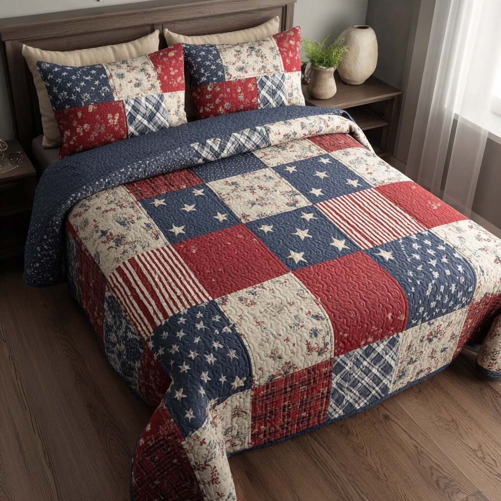 Rustic Mosaic quilted 3-piece bedding set on a made bed in a farmhouse bedroom