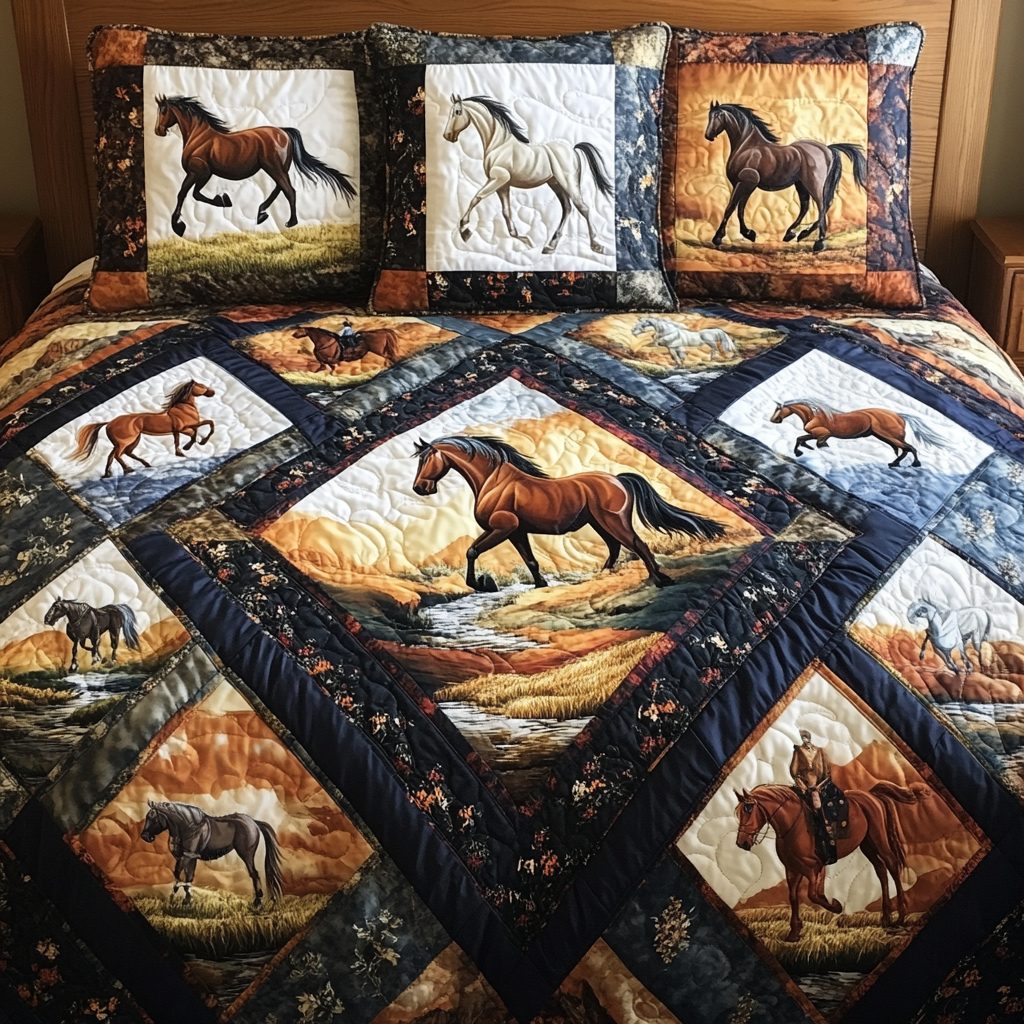 Rustic Mustang quilted 3-piece bedding set on a made bed in a farmhouse bedroom