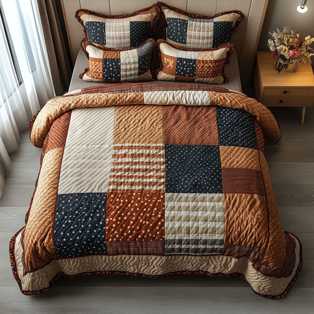Rustic Patchwork quilted 3-piece bedding set on a made bed in a farmhouse bedroom