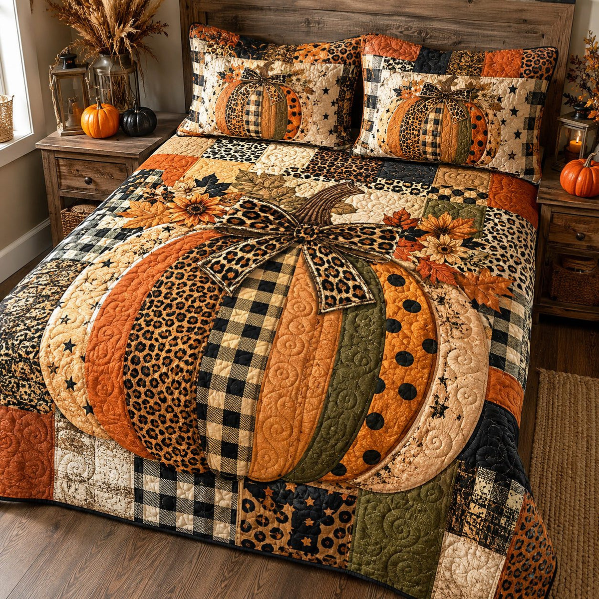 Rustic Patchwork quilted 3-piece bedding set on a made bed in a farmhouse bedroom