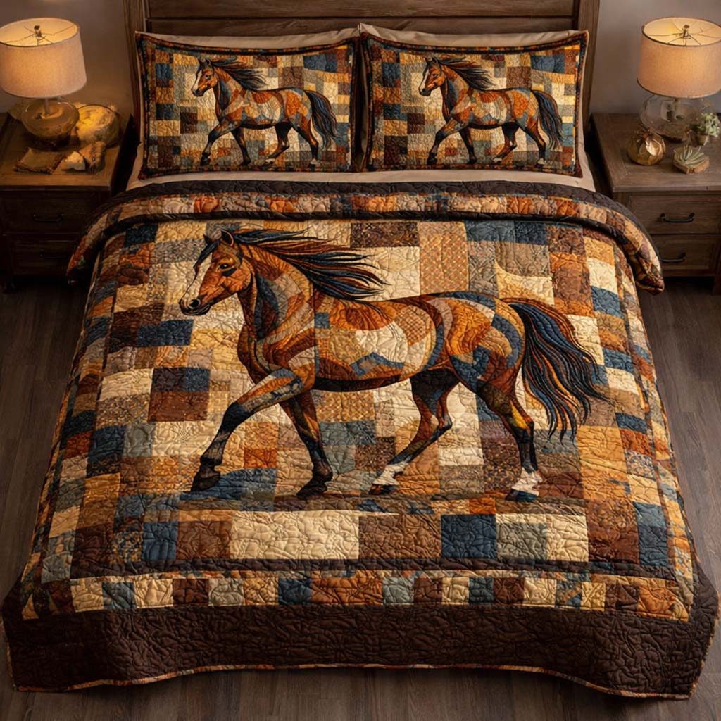 Rustic Patchwork Stallion quilted 3-piece bedding set on a made bed in a rustic timber bedroom