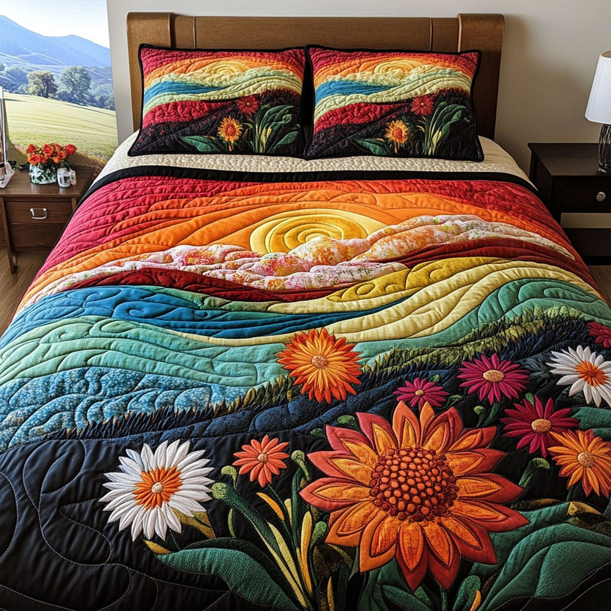Rustic Pathways quilted 3-piece bedding set on a made bed in a farmhouse bedroom