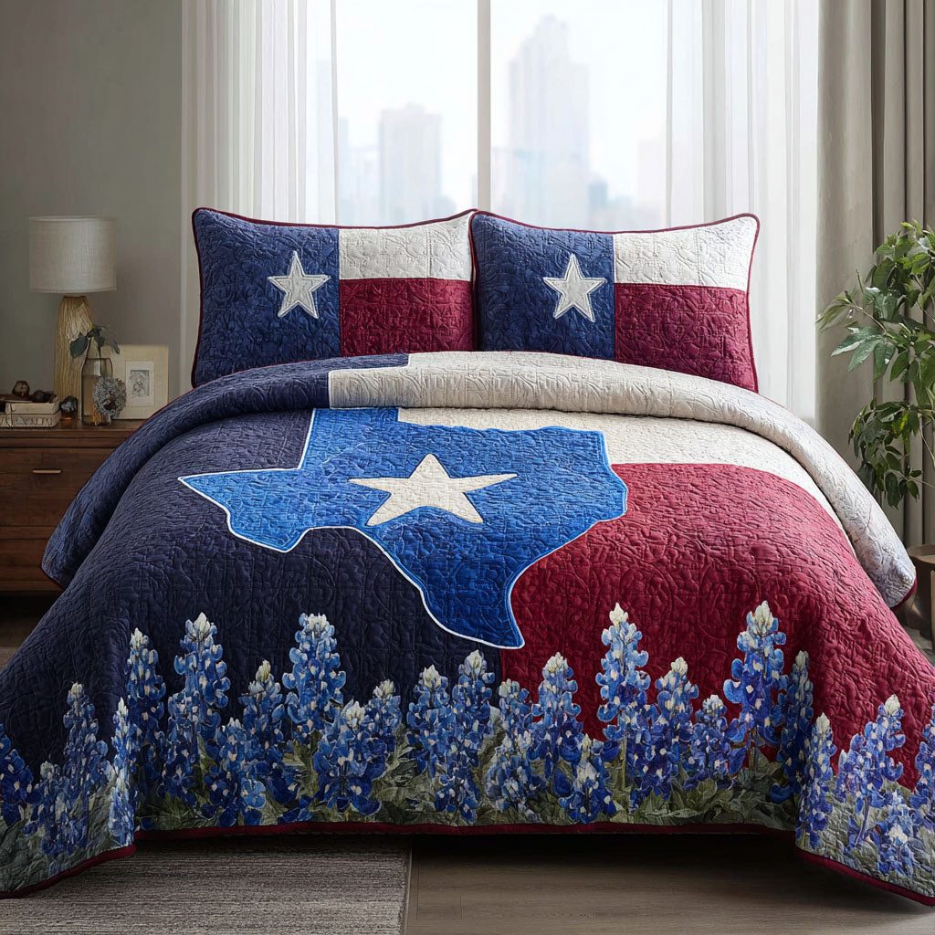 Rustic Patriot quilted 3-piece bedding set on a made bed in a warmly lit bedroom