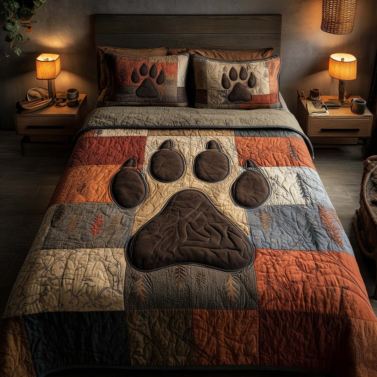 Rustic Paw quilted 3-piece bedding set on a made bed in a farmhouse bedroom