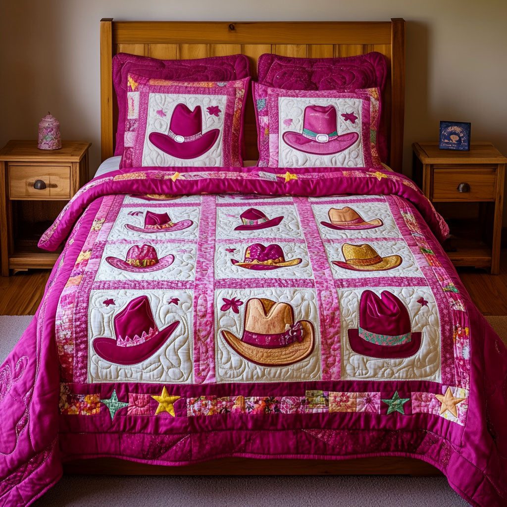 Rustic Plains quilted 3-piece bedding set on a made bed in a farmhouse bedroom