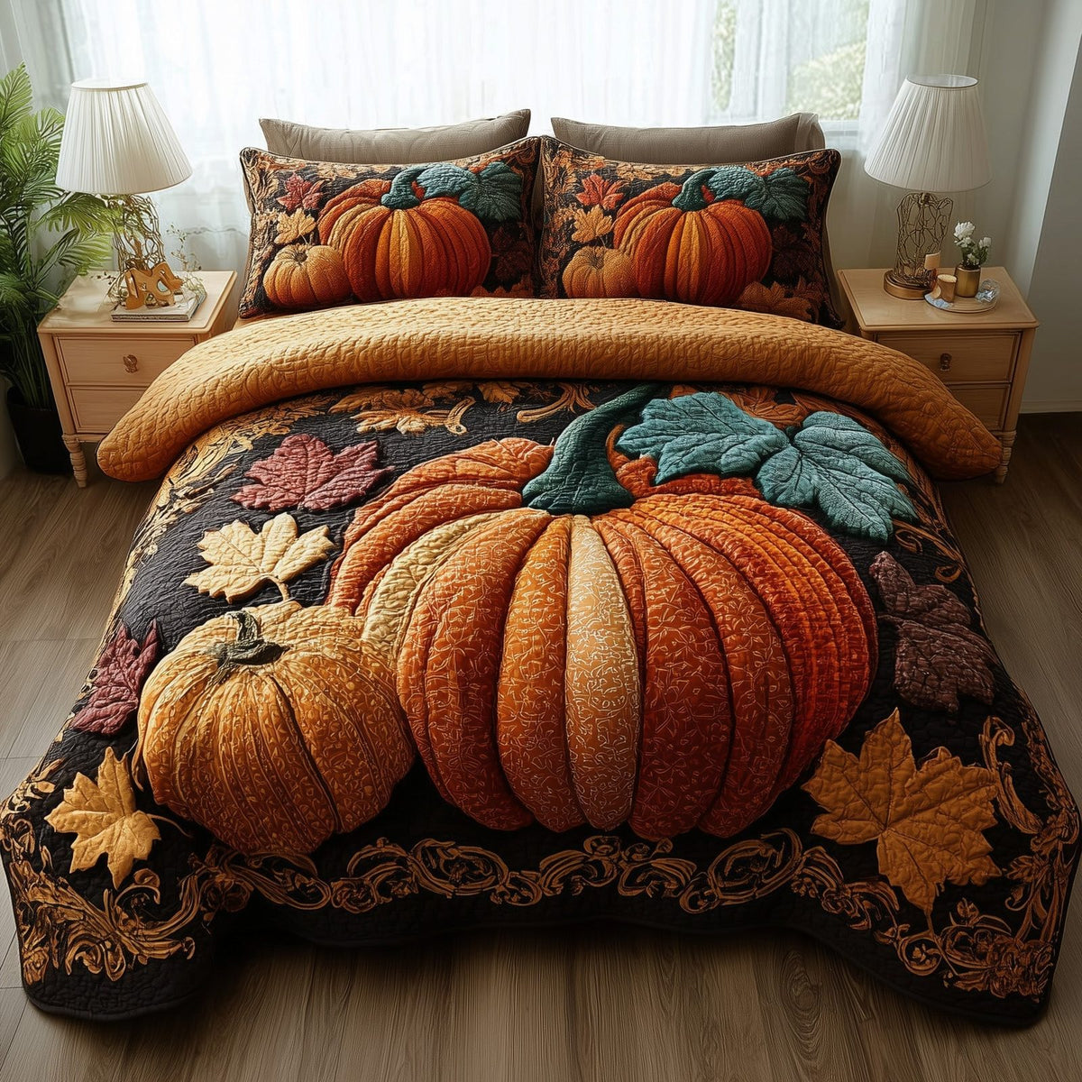 Rustic Pumpkin Charm quilted 3-piece bedding set on a made bed against a dark styled interior