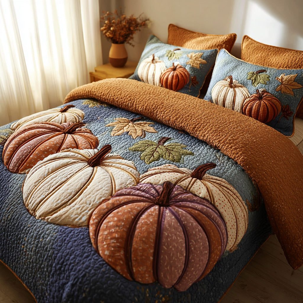 Rustic Pumpkin Charm quilted 3-piece bedding set on a made bed against a dark styled interior