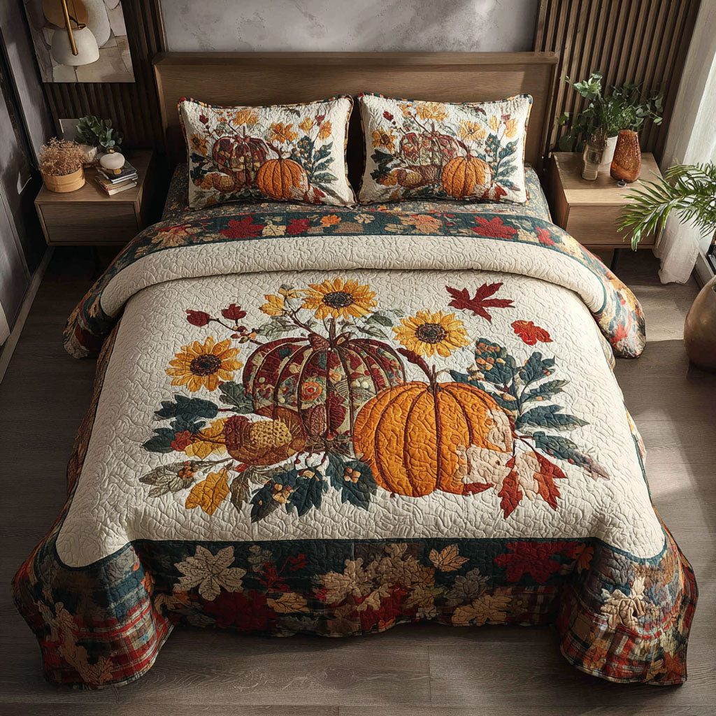 Rustic Pumpkin Fields quilted 3-piece bedding set on a made bed against a dark styled interior