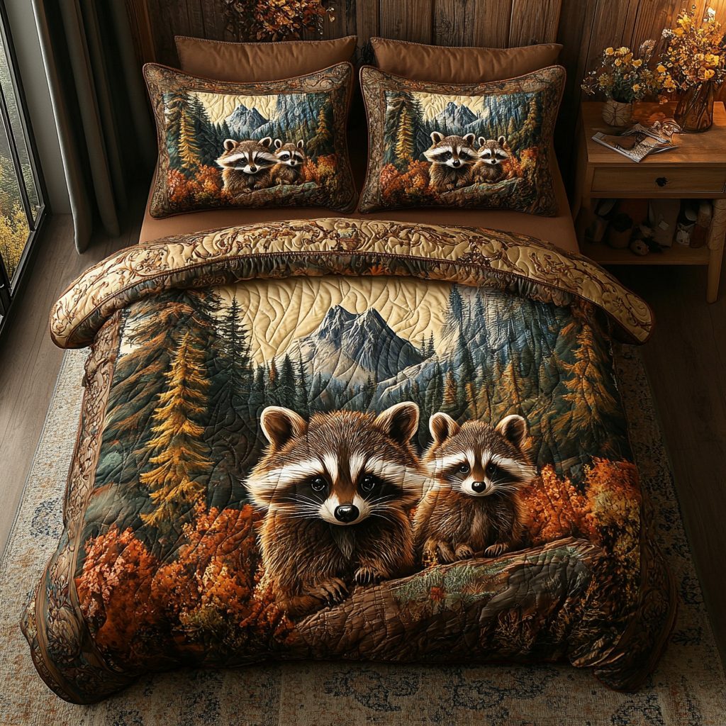 Rustic Raccoon Retreat quilted 3-piece bedding set on a made bed in a farmhouse bedroom