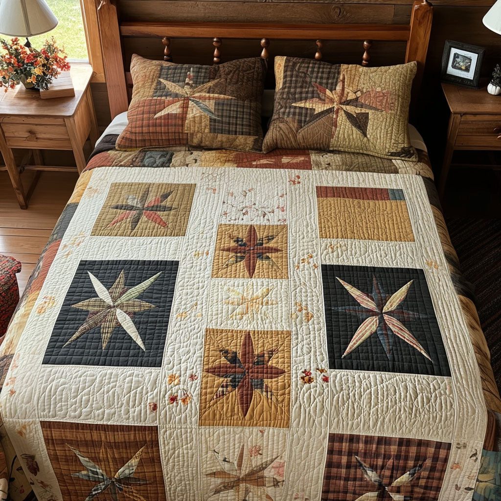 Rustic Radiance quilted 3-piece bedding set on a made bed in a farmhouse bedroom