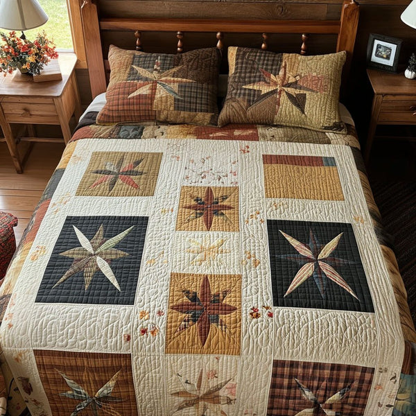Rustic Radiance quilted 3-piece bedding set on a made bed in a farmhouse bedroom