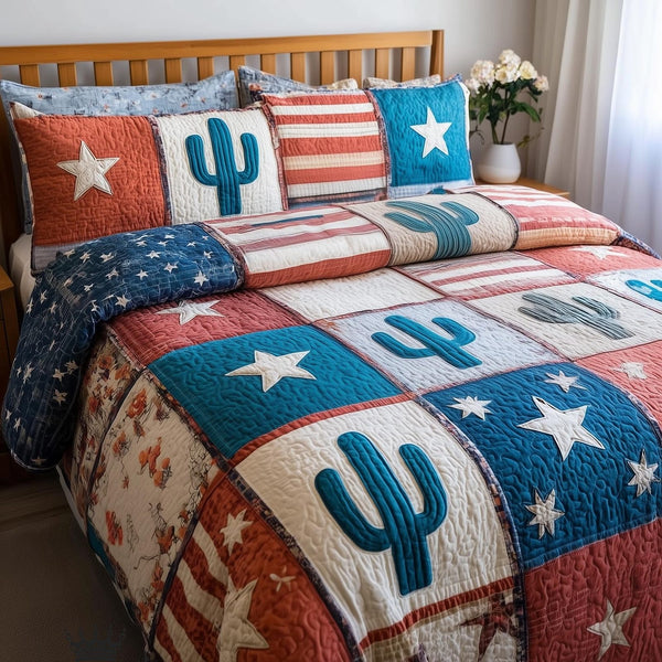 Rustic Ranch quilted 3-piece bedding set on a made bed in a rustic timber bedroom